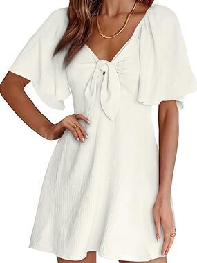 White Tie-Front Flutter Sleeve Dress